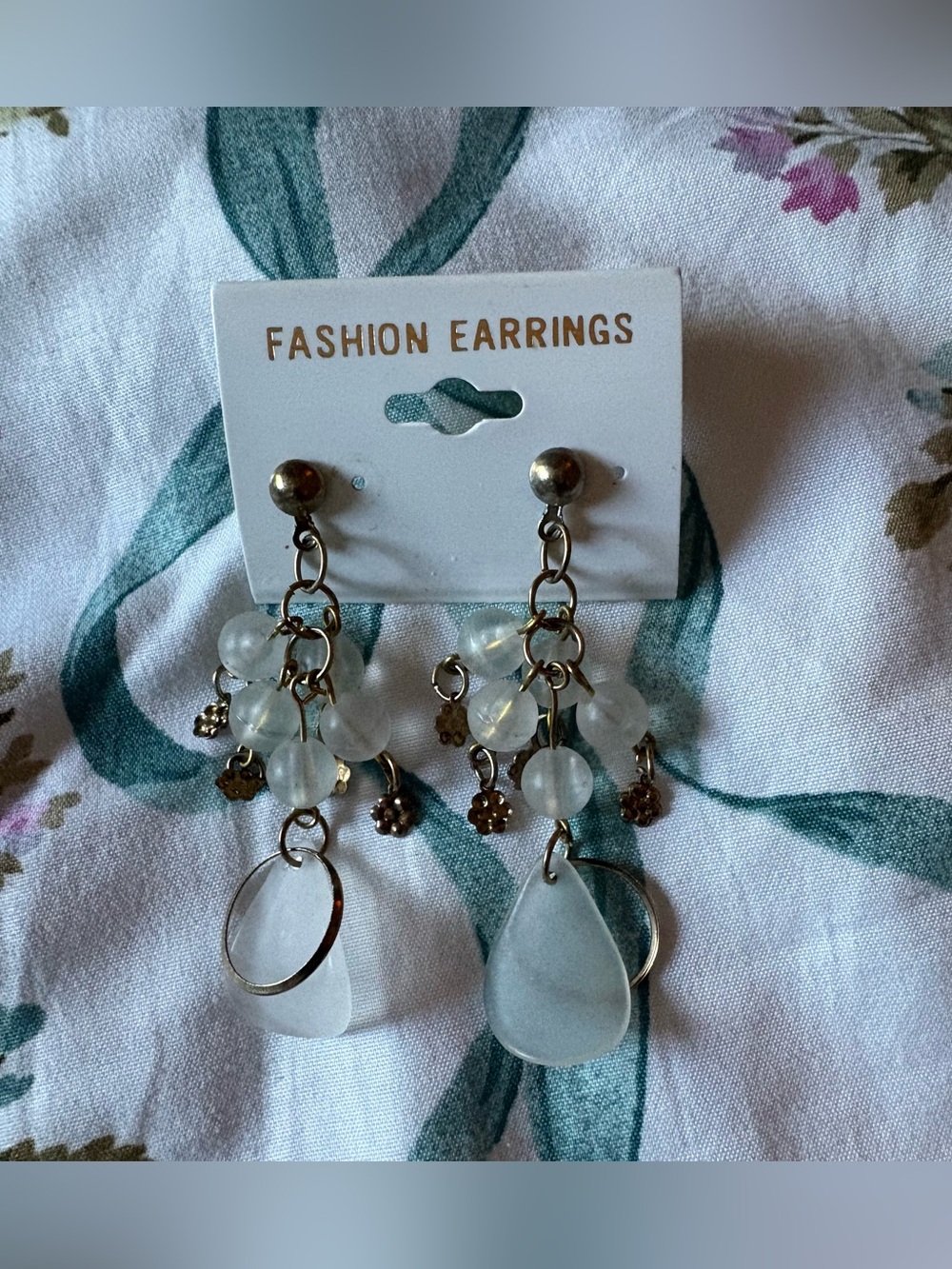 White Bead & Sea Glass Drop Dangle Earrings